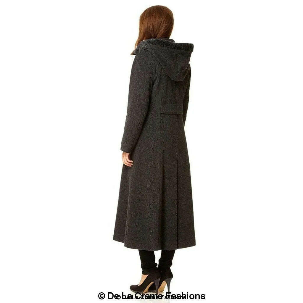 Wool Blend Faux Fur Trim Hooded Long Coat.