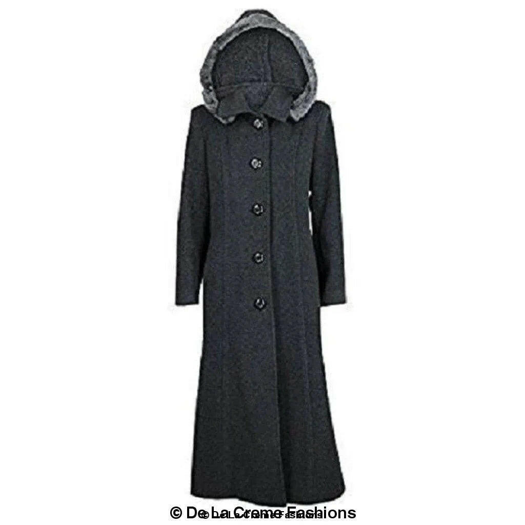 Wool Blend Faux Fur Trim Hooded Long Coat.