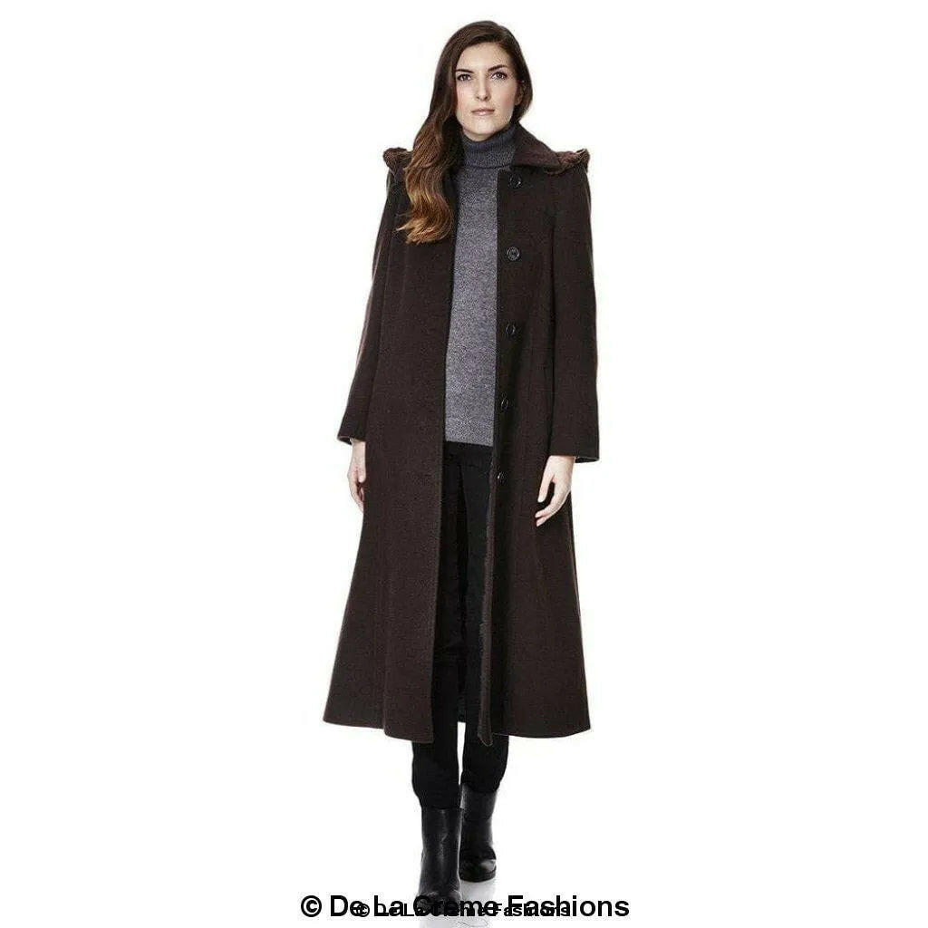 Wool Blend Faux Fur Trim Hooded Long Coat.