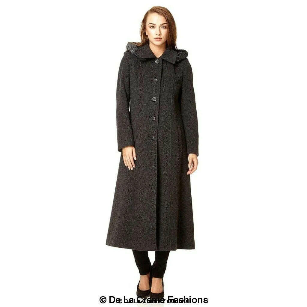 Wool Blend Faux Fur Trim Hooded Long Coat.