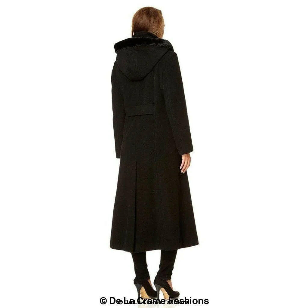 Wool Blend Faux Fur Trim Hooded Long Coat.