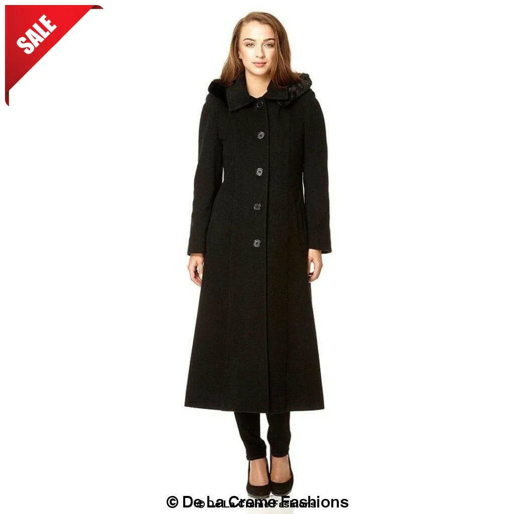 Wool Blend Faux Fur Trim Hooded Long Coat.