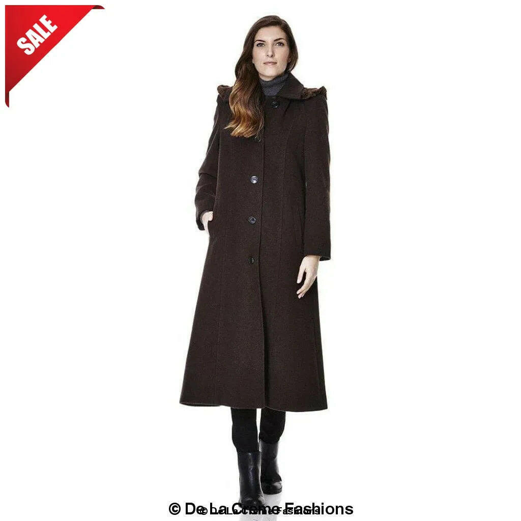 Wool Blend Faux Fur Trim Hooded Long Coat.