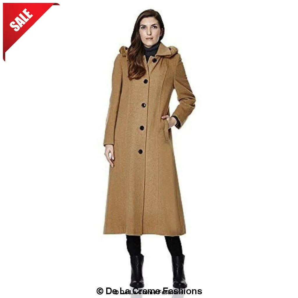 Wool Blend Faux Fur Trim Hooded Long Coat.