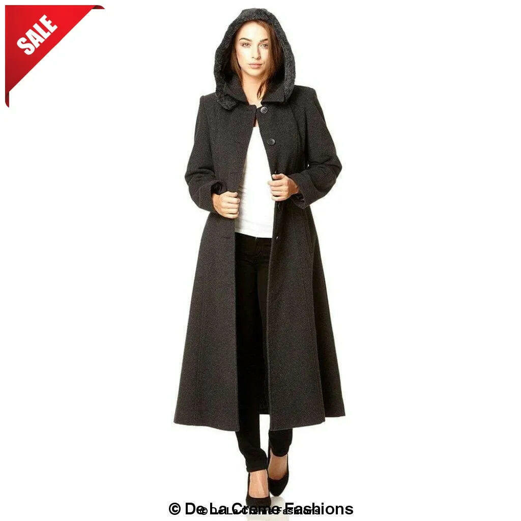 Wool Blend Faux Fur Trim Hooded Long Coat.