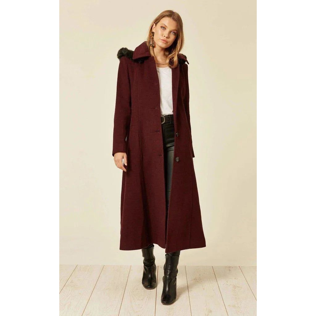 Wool Blend Faux Fur Trim Hooded Long Coat.