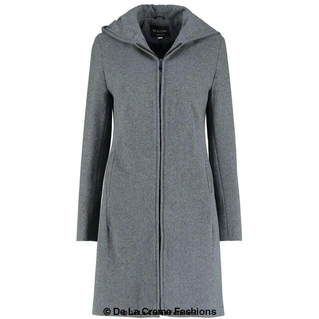 Wool Blend Hooded Zip Coat.