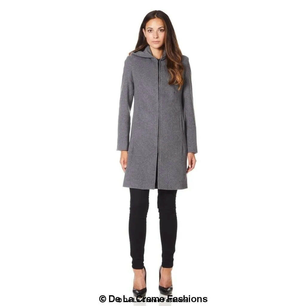 Wool Blend Hooded Zip Coat.