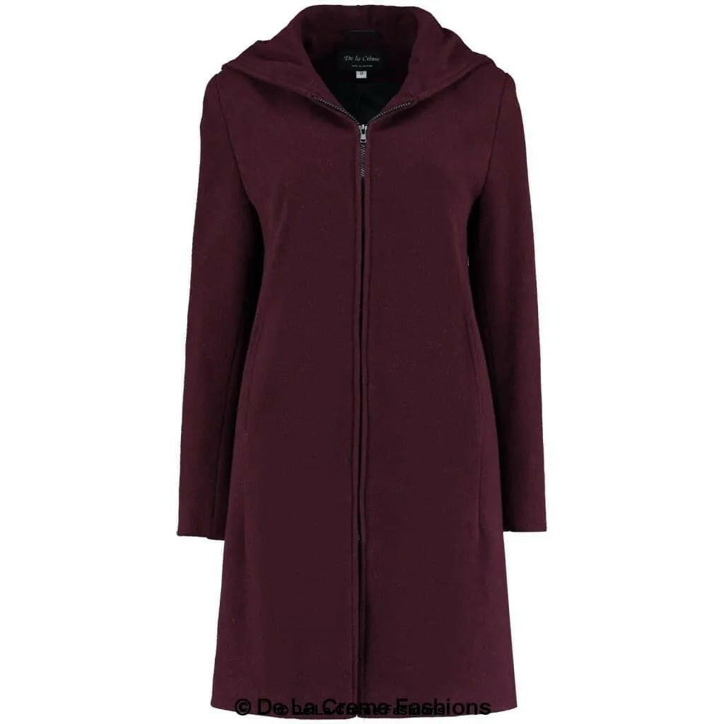 Wool Blend Hooded Zip Coat.