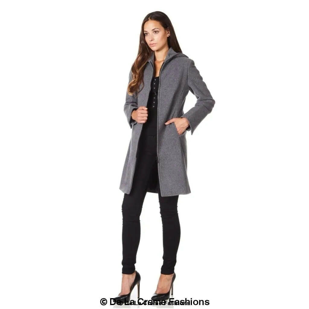 Wool Blend Hooded Zip Coat.