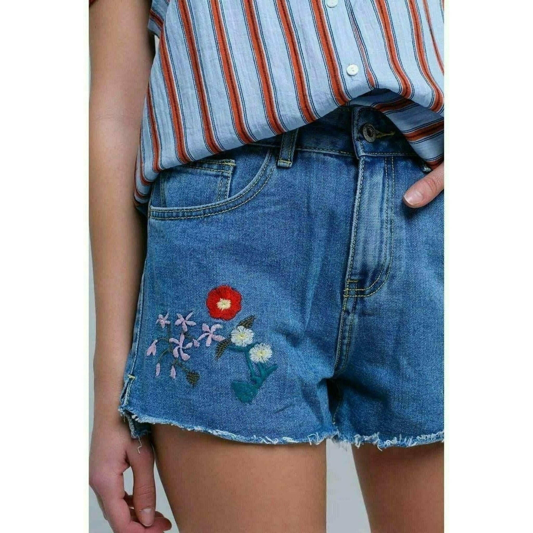 Denim Mid Wash Blue Shorts with Floral Design.