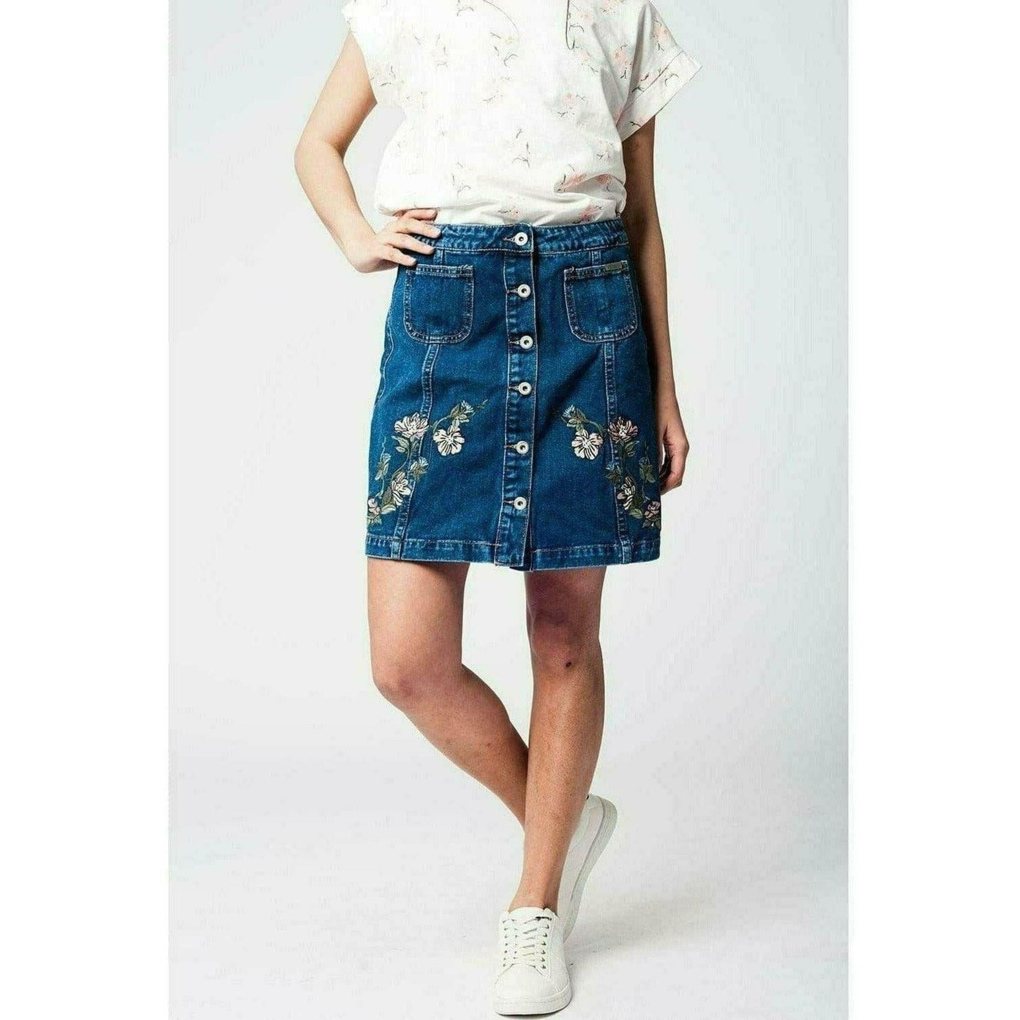 Denim Skirt with Flower Embroidery