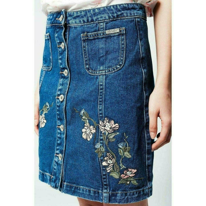 Denim Skirt with Flower Embroidery