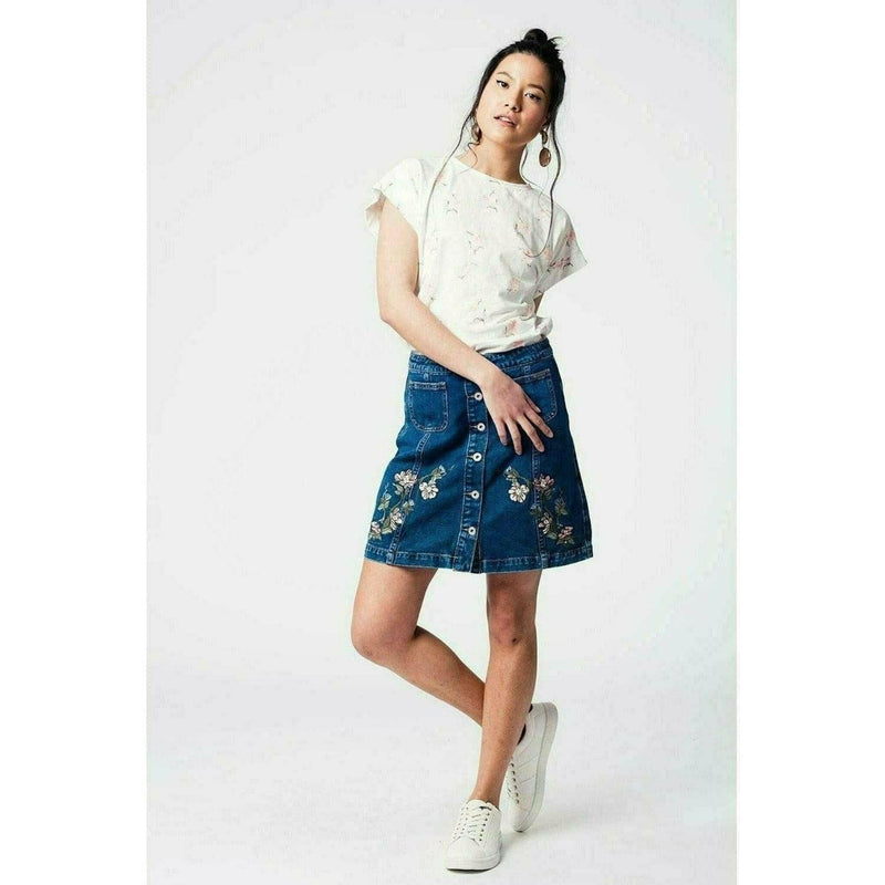 Denim Skirt with Flower Embroidery