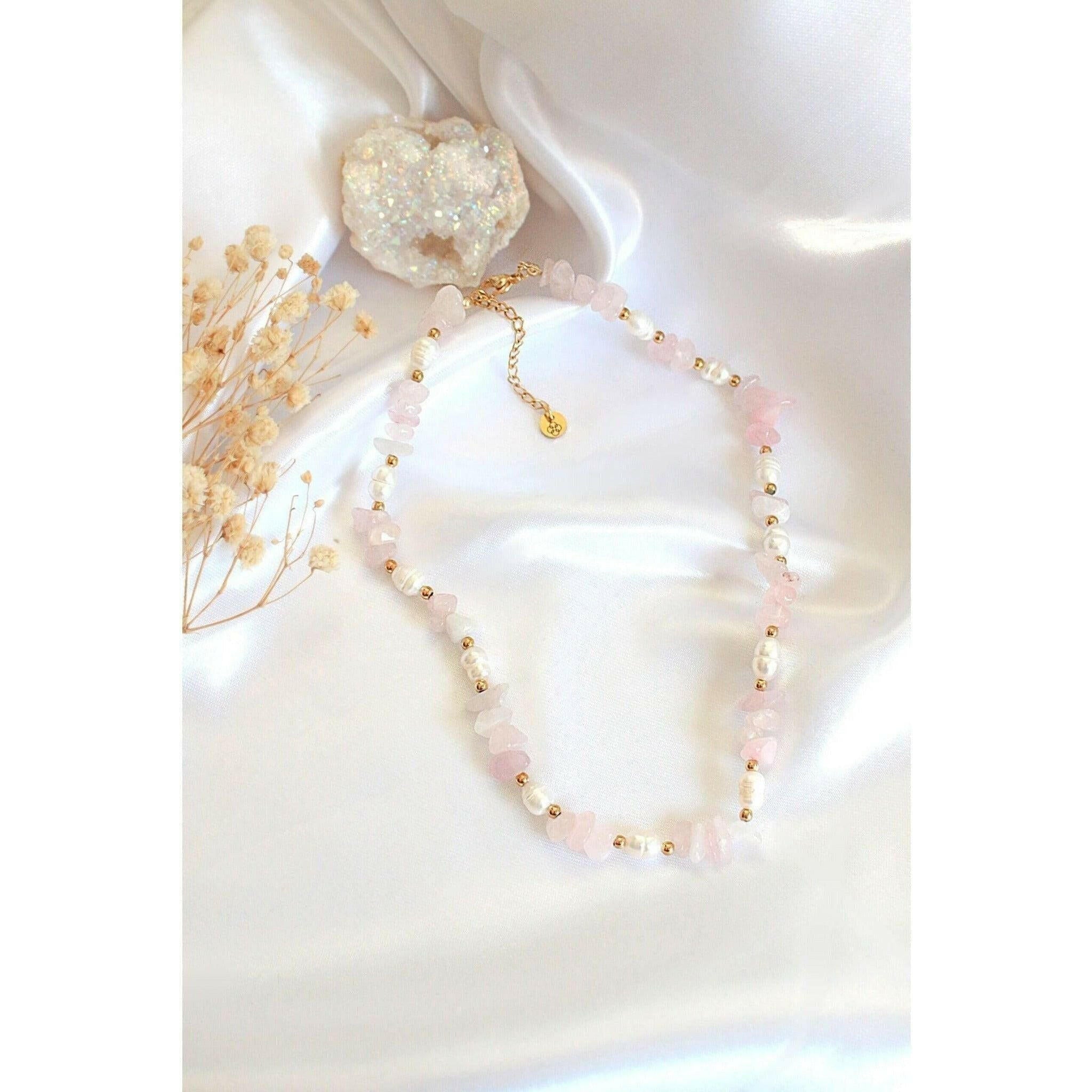 Natural Rose Quartz Crystal & Freshwater Pearls Choker.