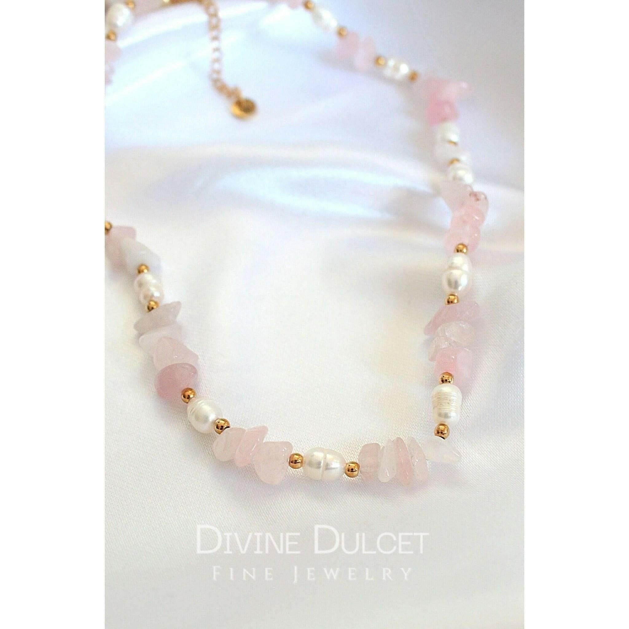 Natural Rose Quartz Crystal & Freshwater Pearls Choker.