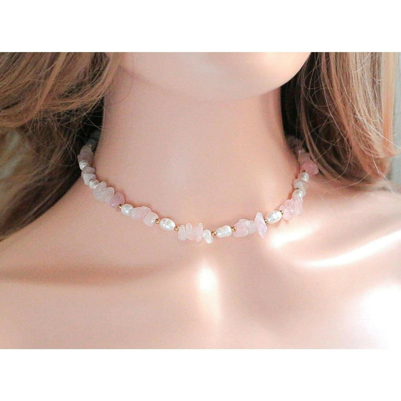 Divine Dulcet Natural Rose Quartz Crystal & Freshwater Pearls Choker