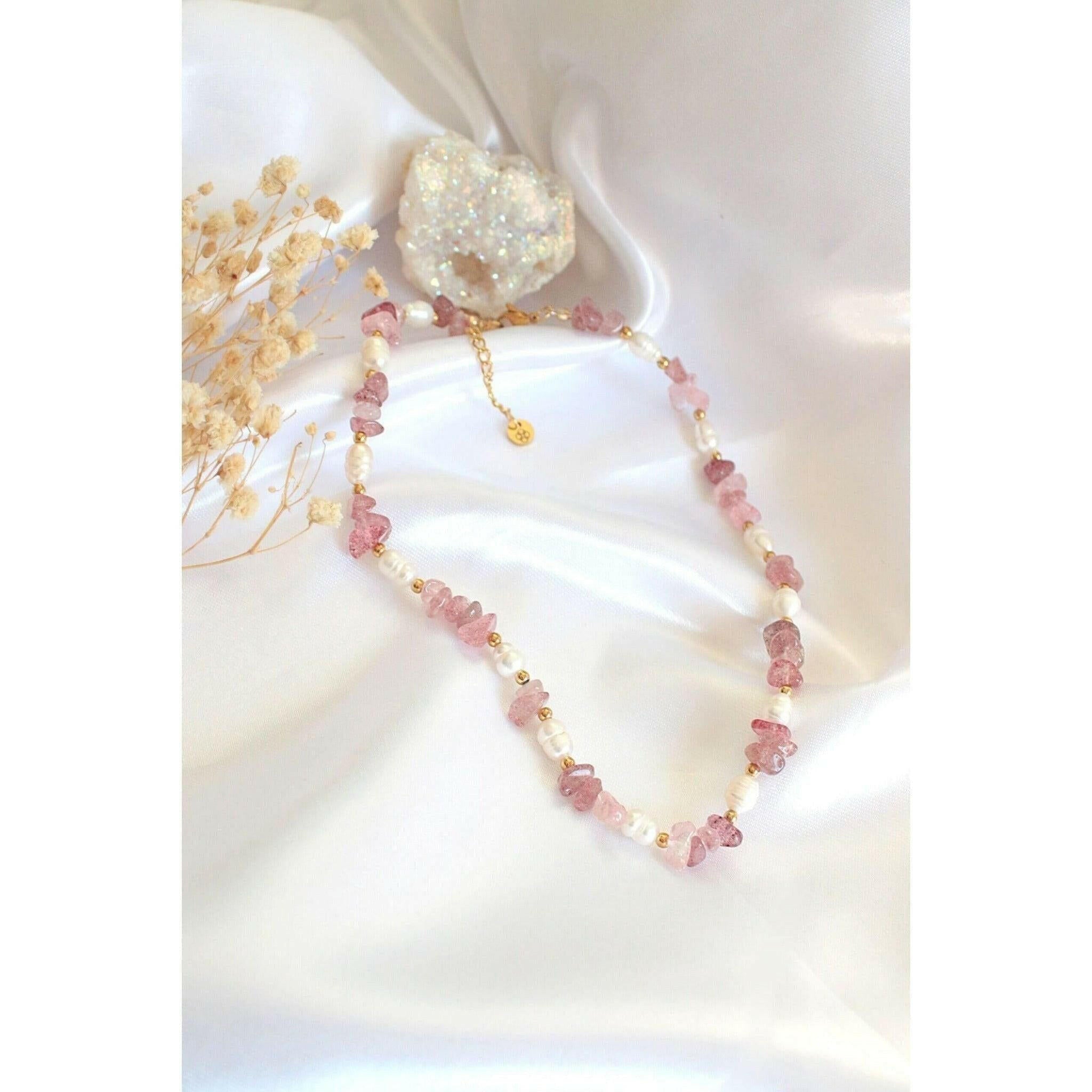 Natural Strawberry Quartz Crystal & Freshwater Pearls Choker.