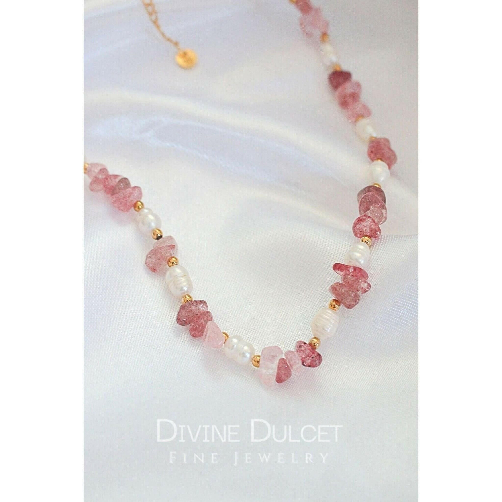 Natural Strawberry Quartz Crystal & Freshwater Pearls Choker.