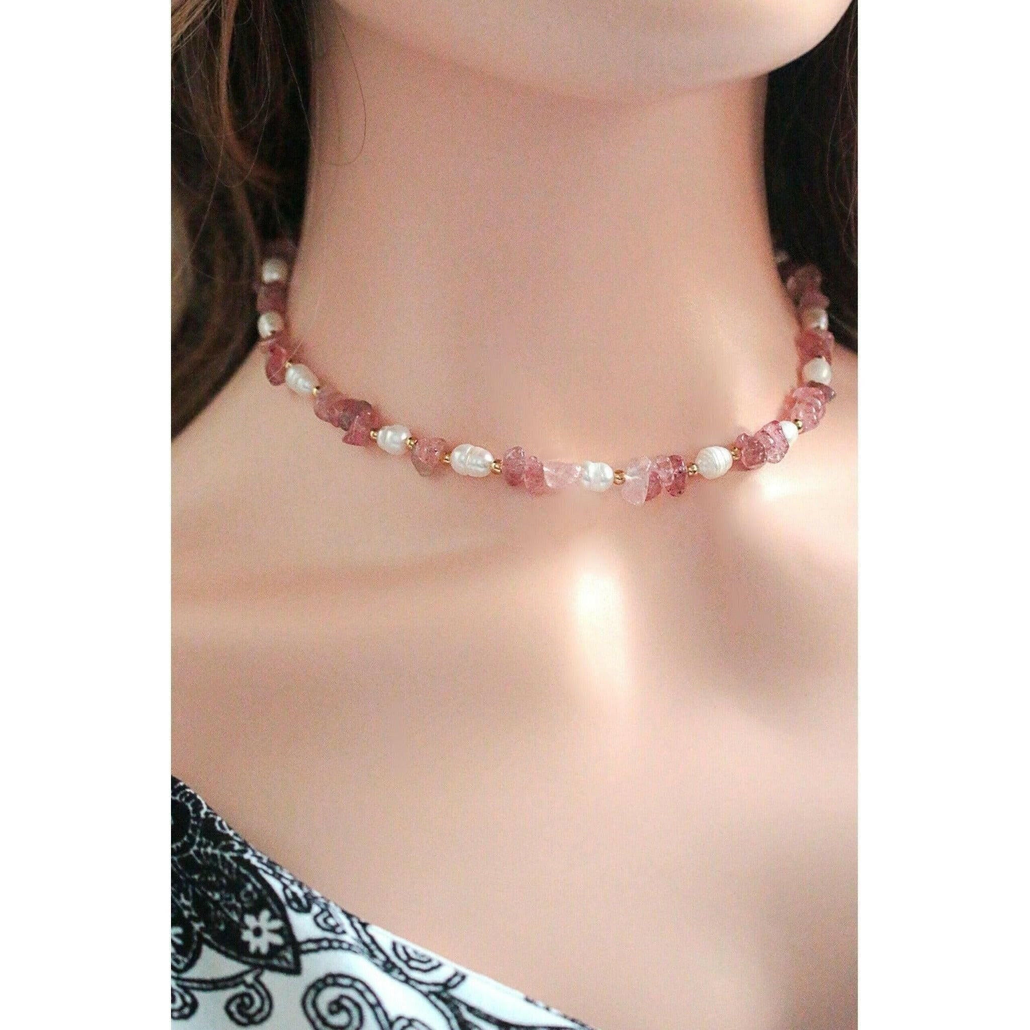 Natural Strawberry Quartz Crystal & Freshwater Pearls Choker.