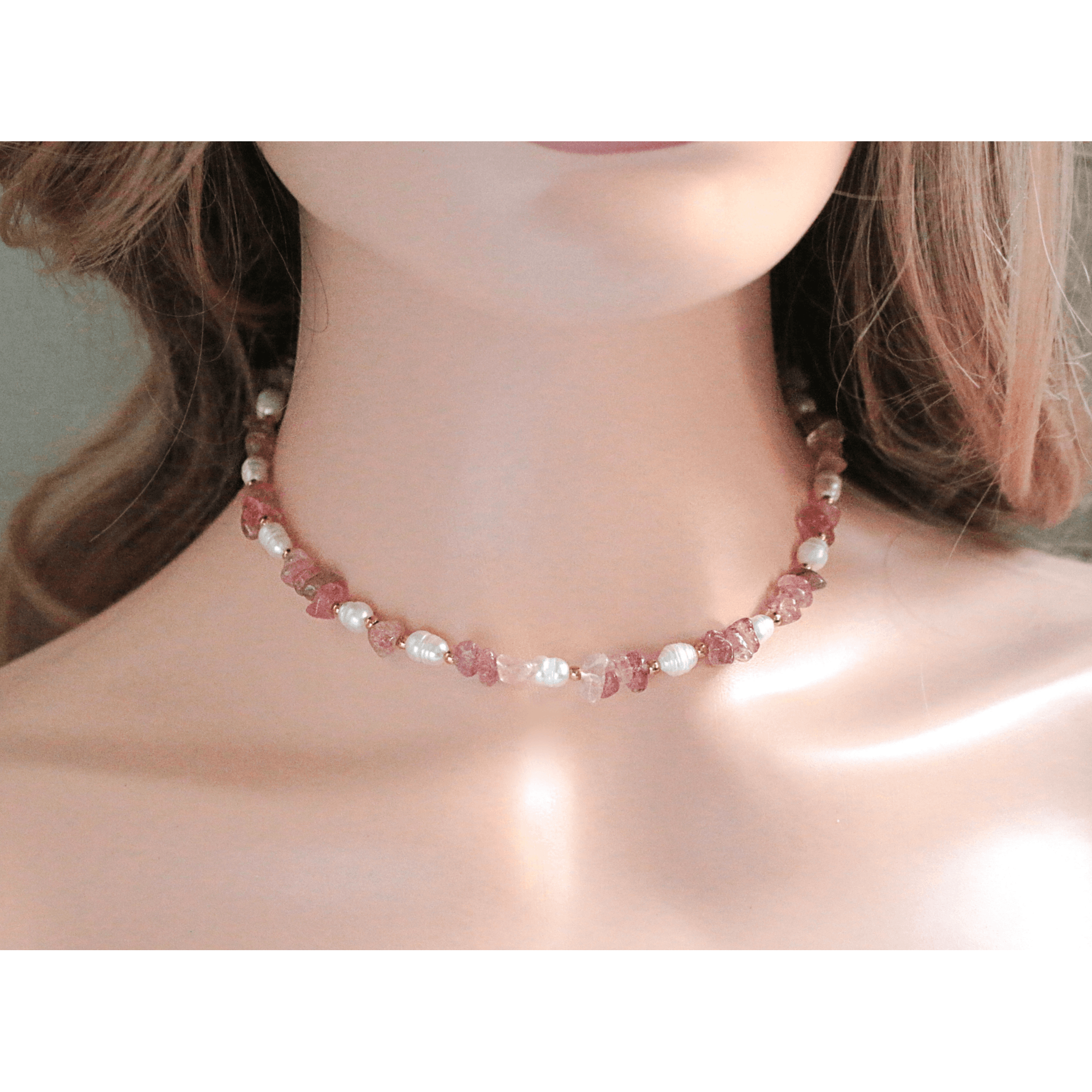 Natural Strawberry Quartz Crystal & Freshwater Pearls Choker.