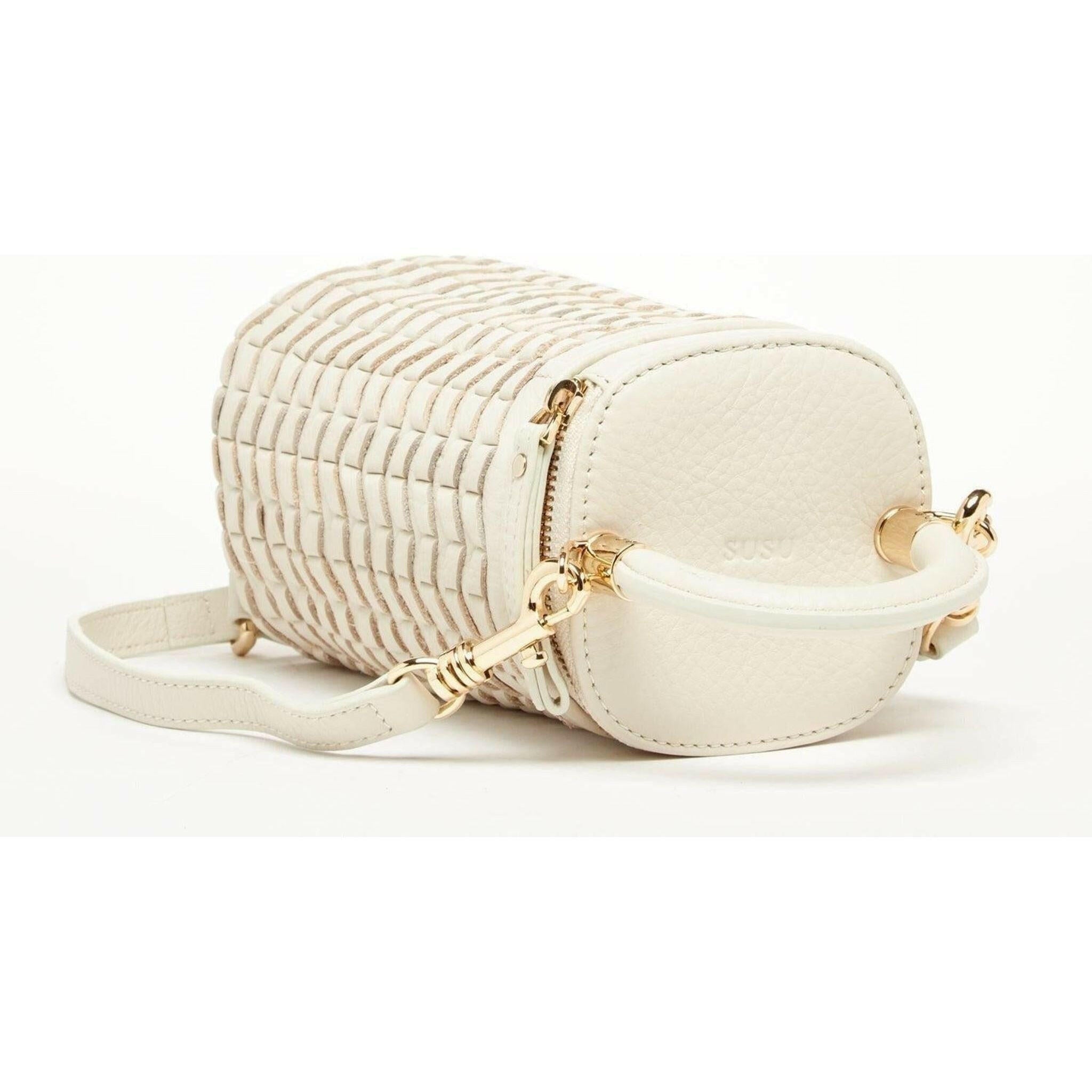 Elsa Basket Weave Leather Bag in Off-White.