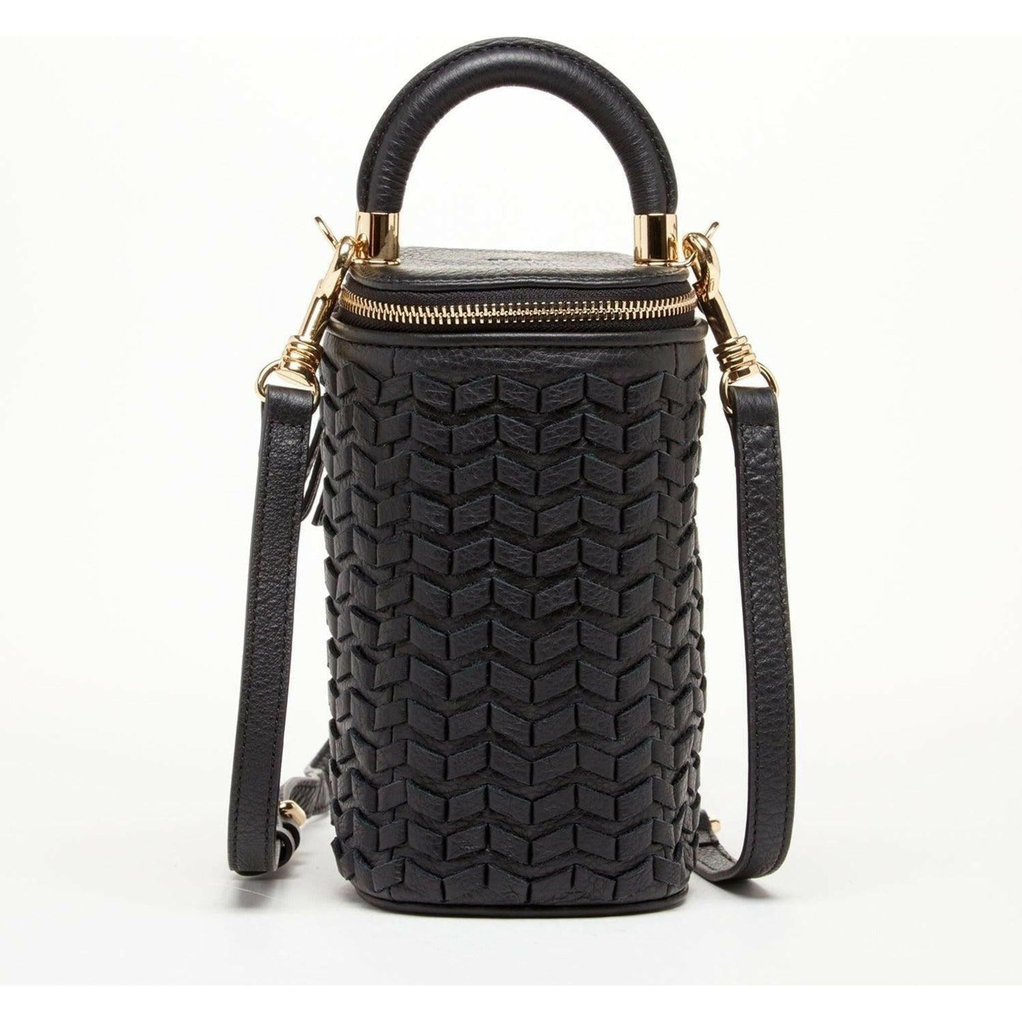 Elsa Small Leather Weave Bucket Bag in Black.