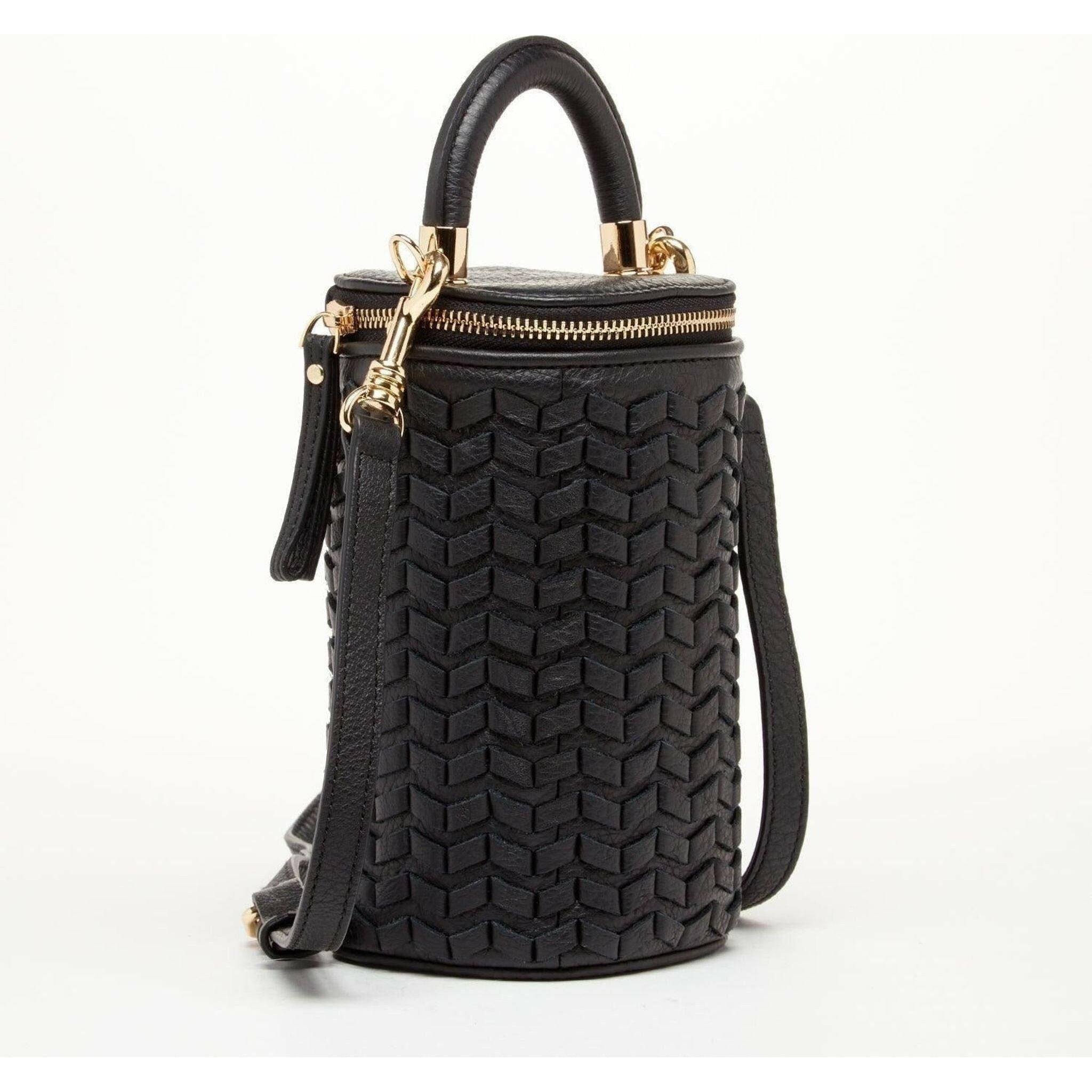 Elsa Small Leather Weave Bucket Bag in Black.