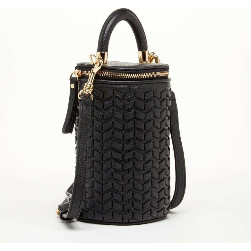 Elsa Small Leather Weave Bucket Bag in Black