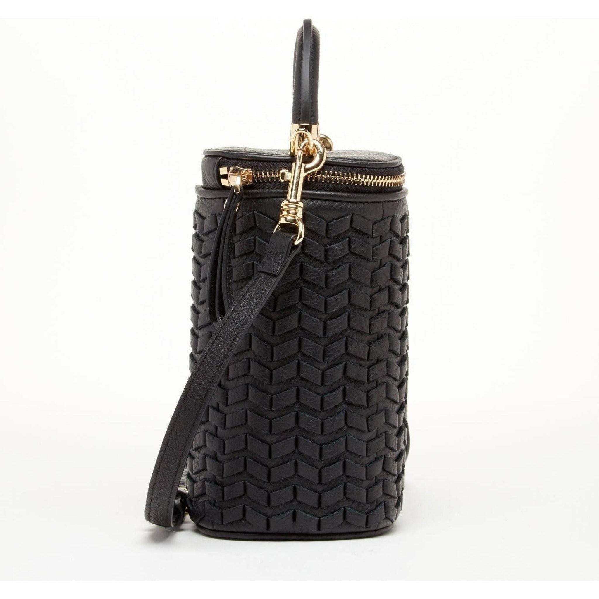 Elsa Small Leather Weave Bucket Bag in Black.