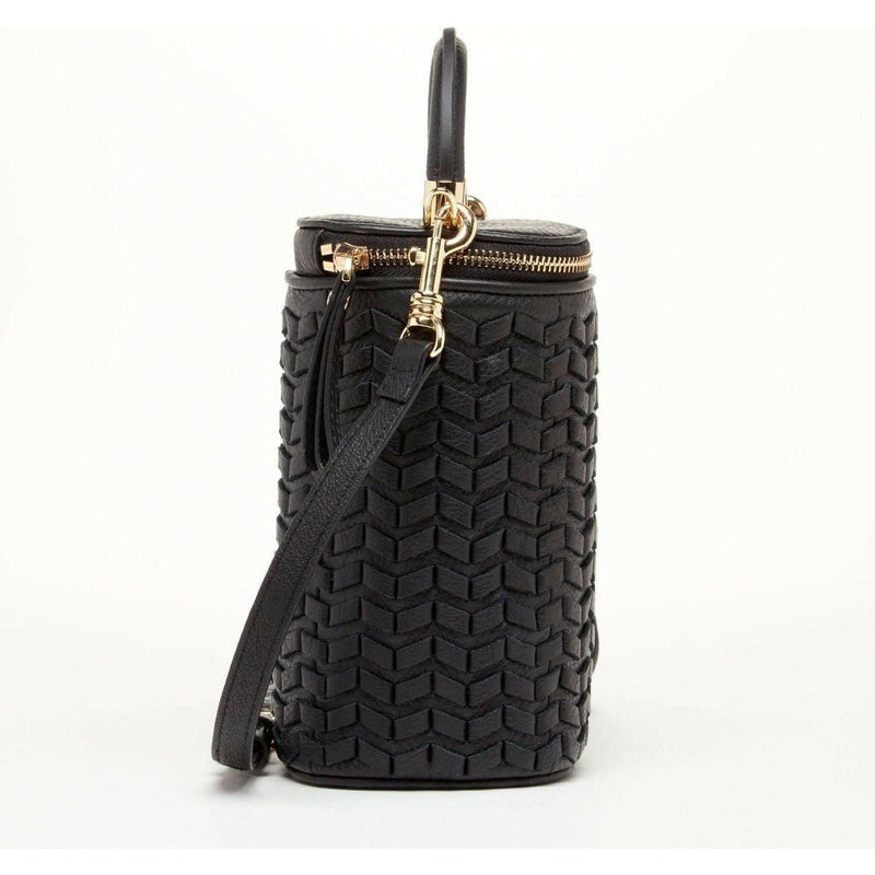 Elsa Small Leather Weave Bucket Bag in Black