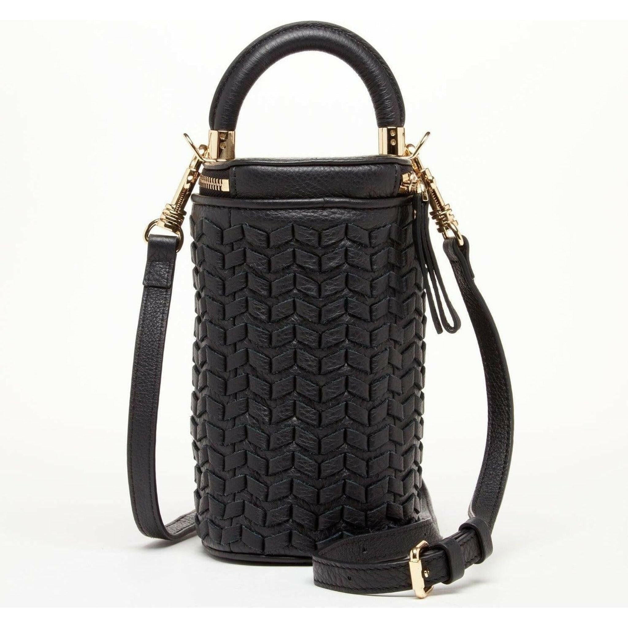 Elsa Small Leather Weave Bucket Bag in Black.