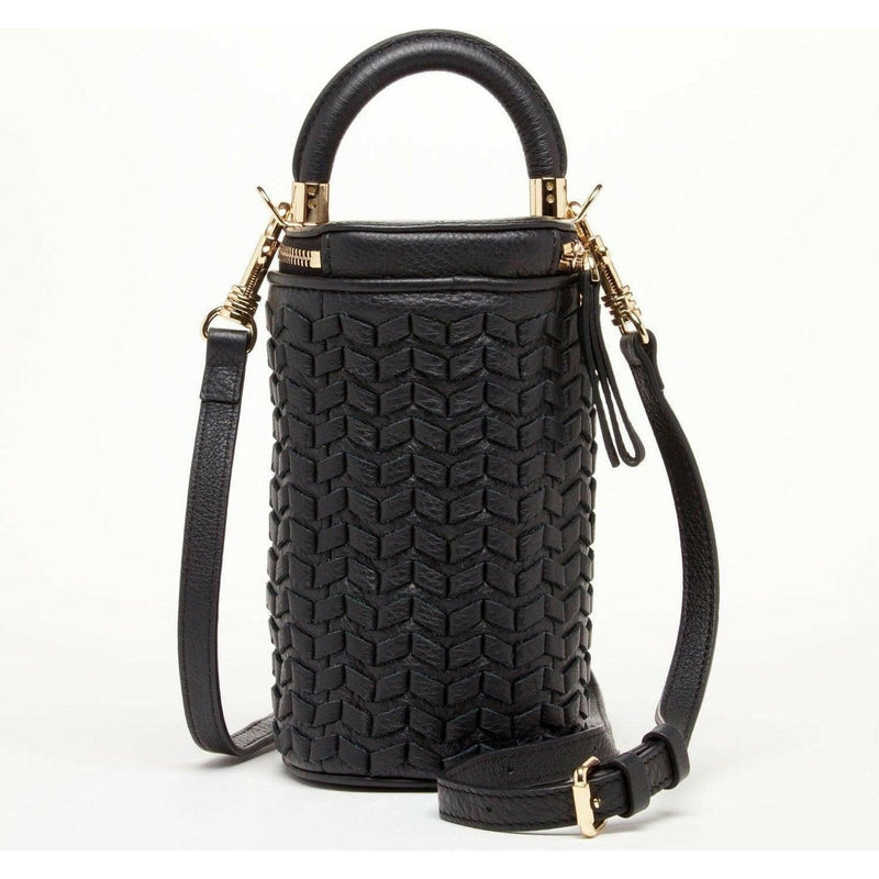 Elsa Small Leather Weave Bucket Bag in Black