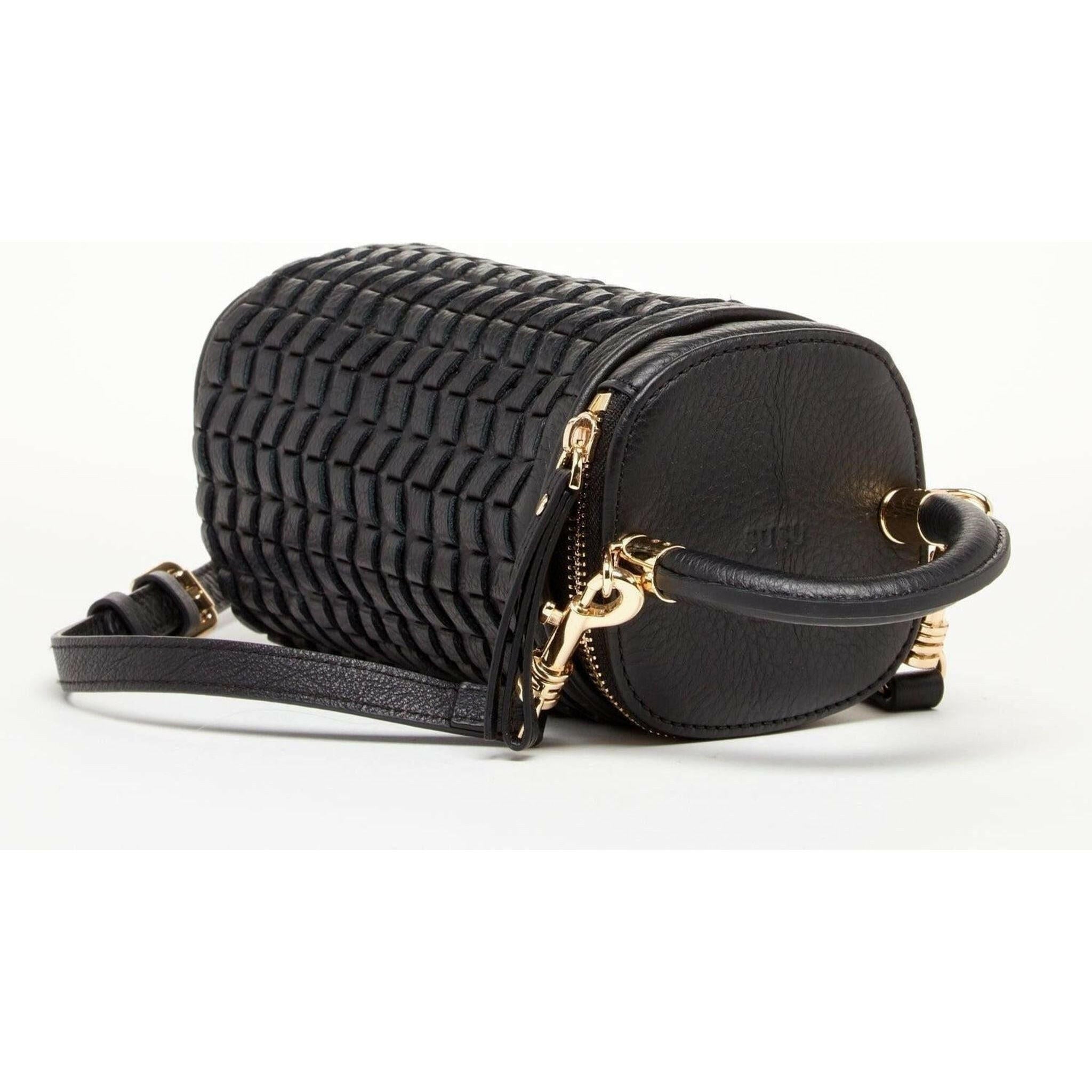 Elsa Small Leather Weave Bucket Bag in Black.