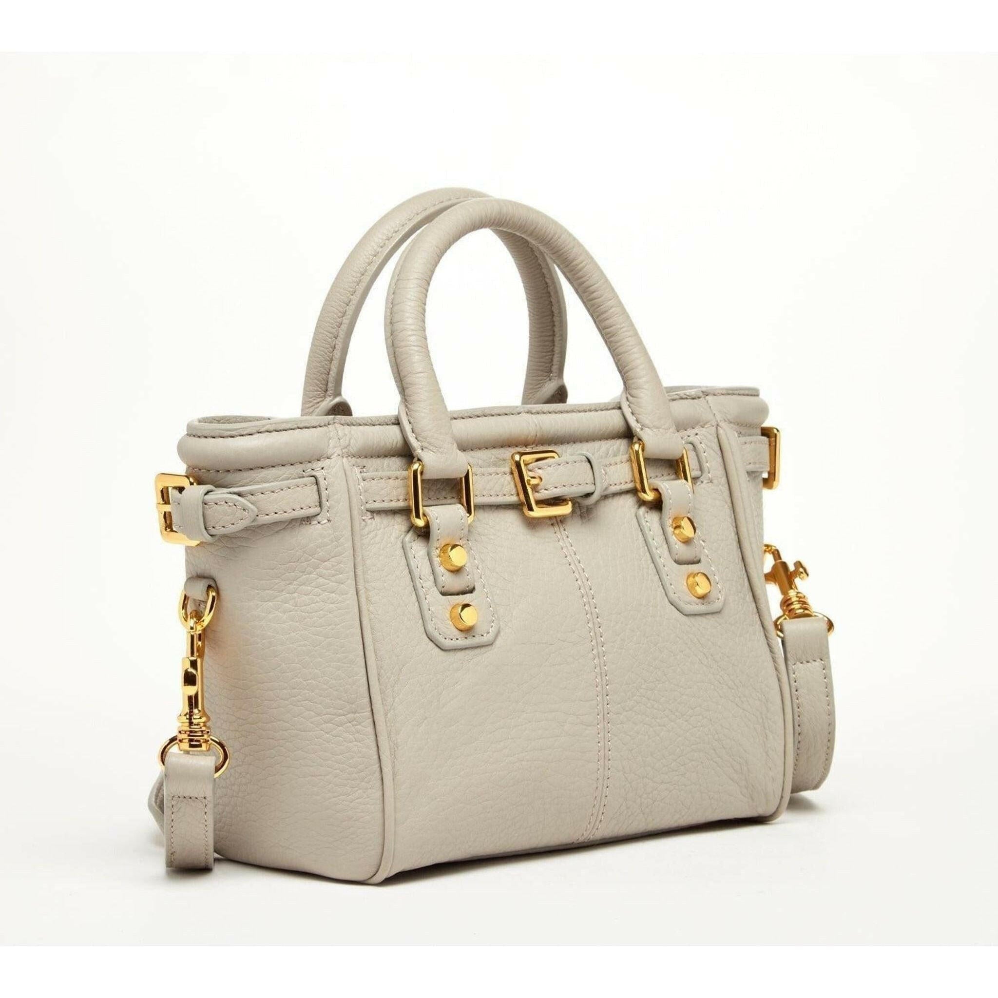 Emma Leather Satchel Bag in Grayish Beige.