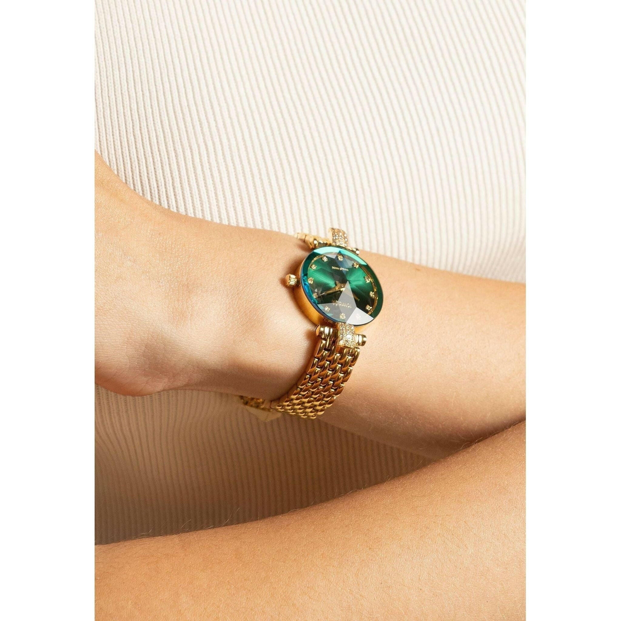 Facet Strass Swiss Ladies Watch in Gold Emerald Green.