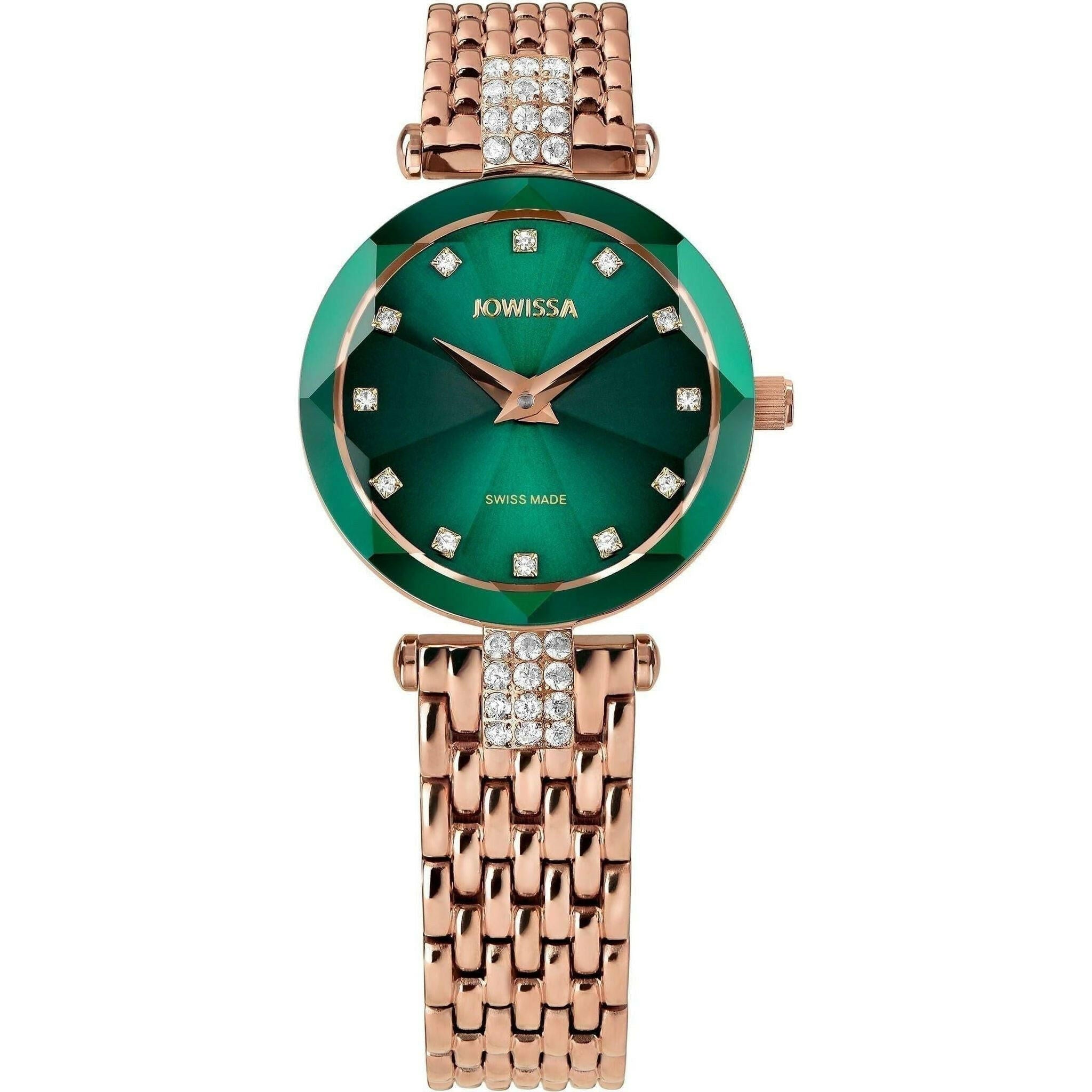 Facet Strass Swiss Ladies Watch Rose Gold Green.