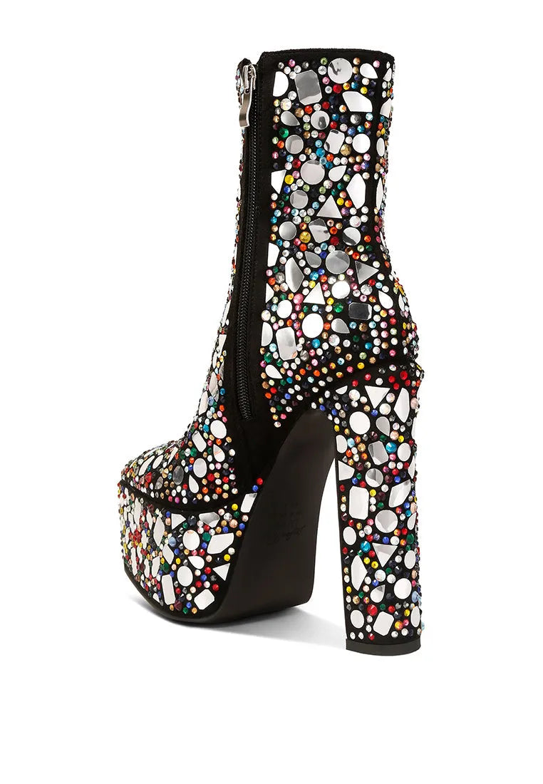 Fancy Mirror Embellished Platform High Heel Boots