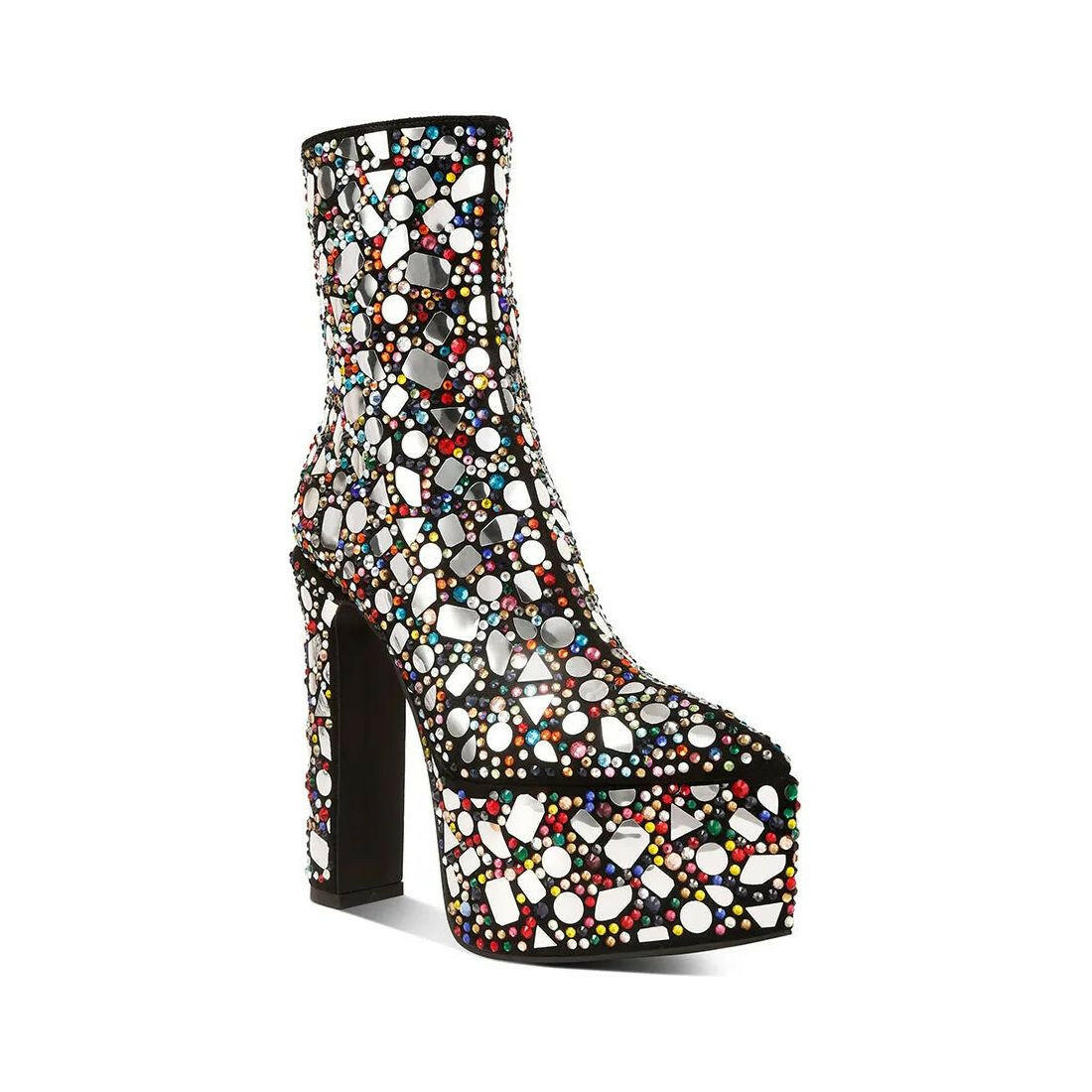 Fancy Mirror Embellished Platform High Heel Boots.