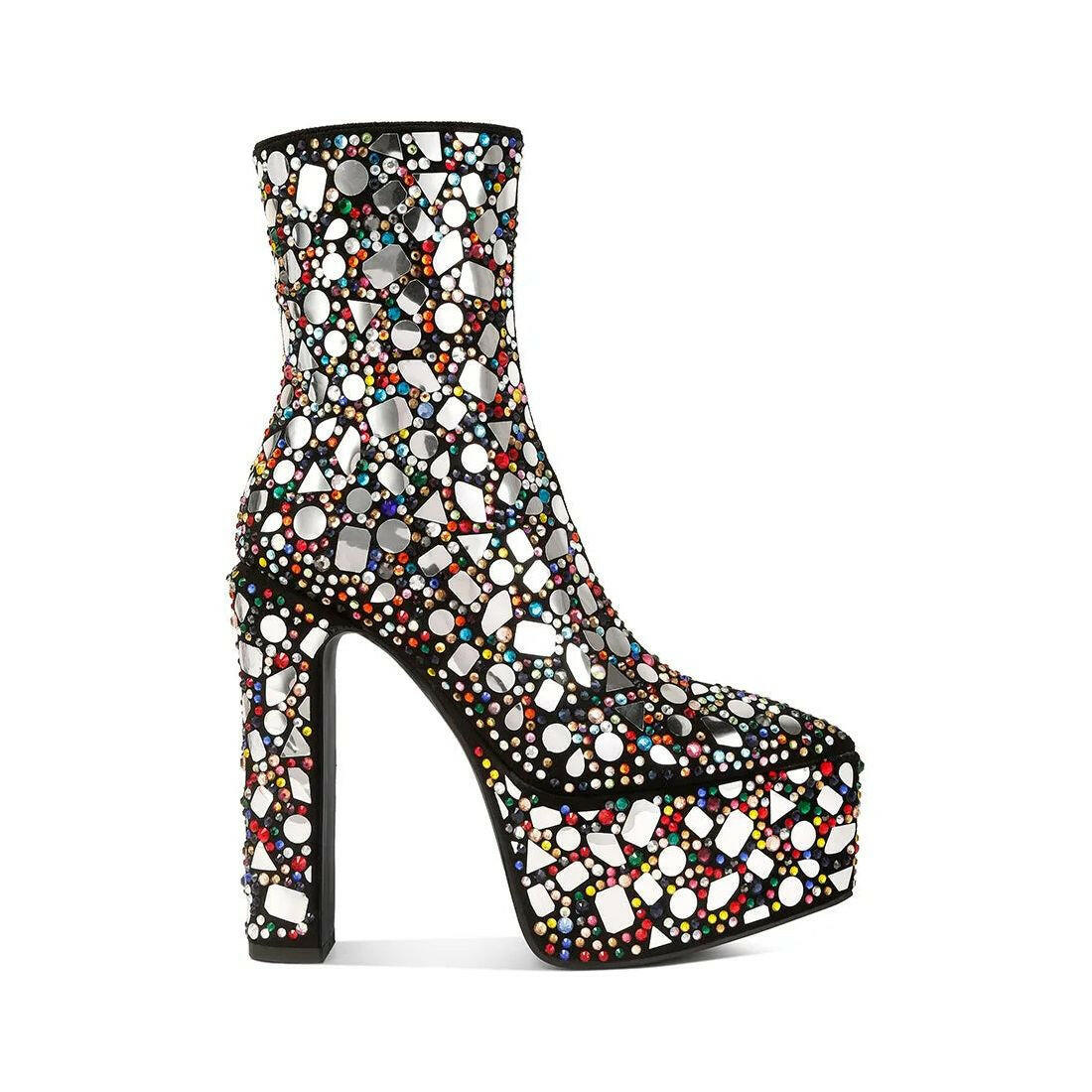 Fancy Mirror Embellished Platform High Heel Boots.