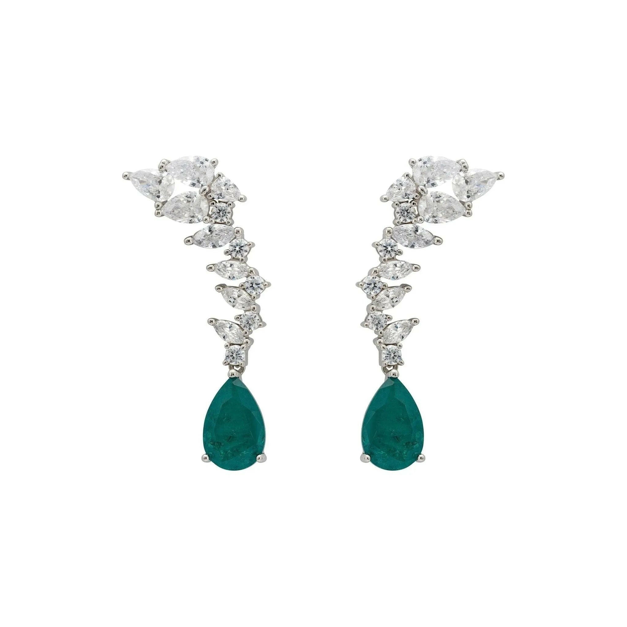 Henriette Teardrop Earrings Emerald Silver.