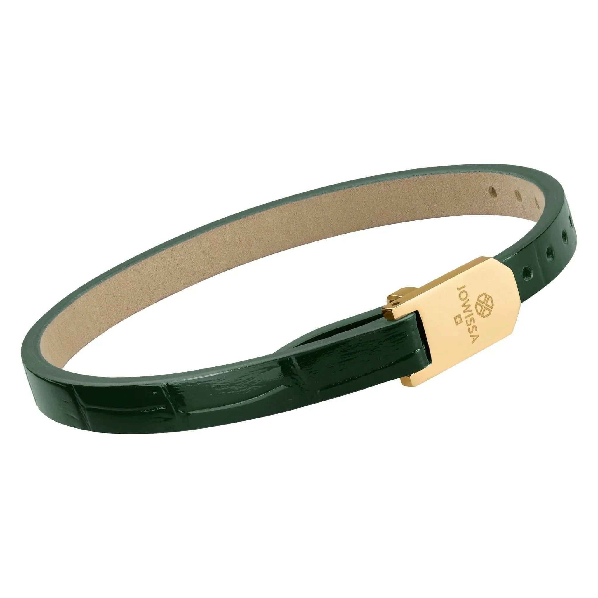 Glossy Dark Green Croco Leather Strap Gold Logo.