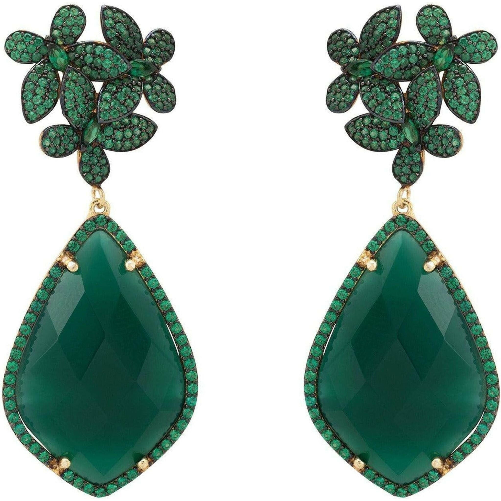 Flowers Green Onyx Teardrop Earrings Gold by Latelita.