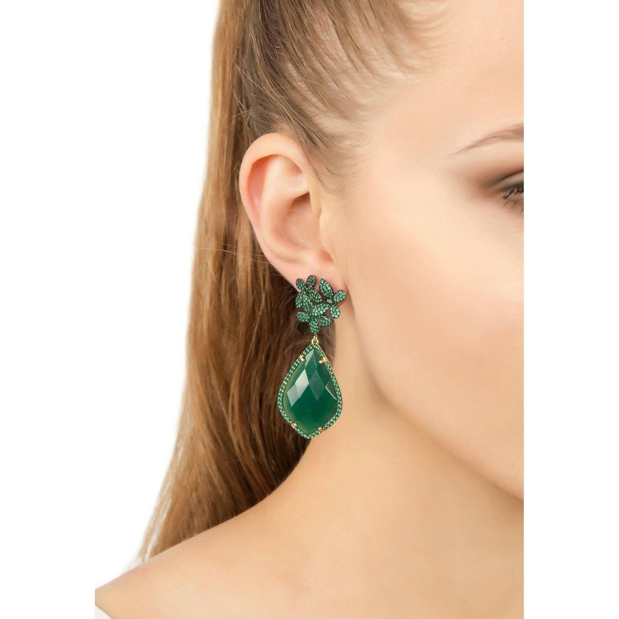 Flowers Green Onyx Teardrop Earrings Gold by Latelita.