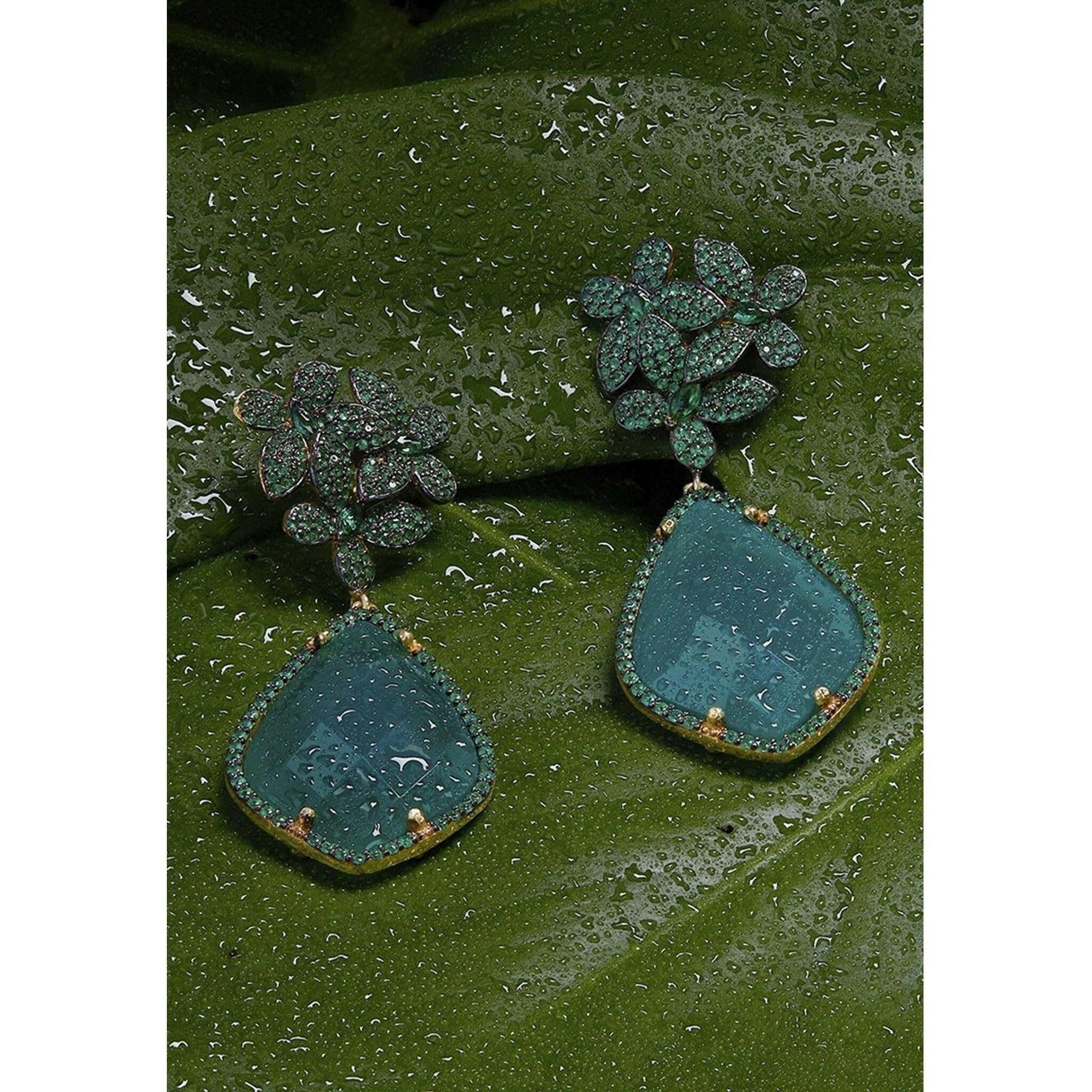 Flowers Green Onyx Teardrop Earrings Gold by Latelita.