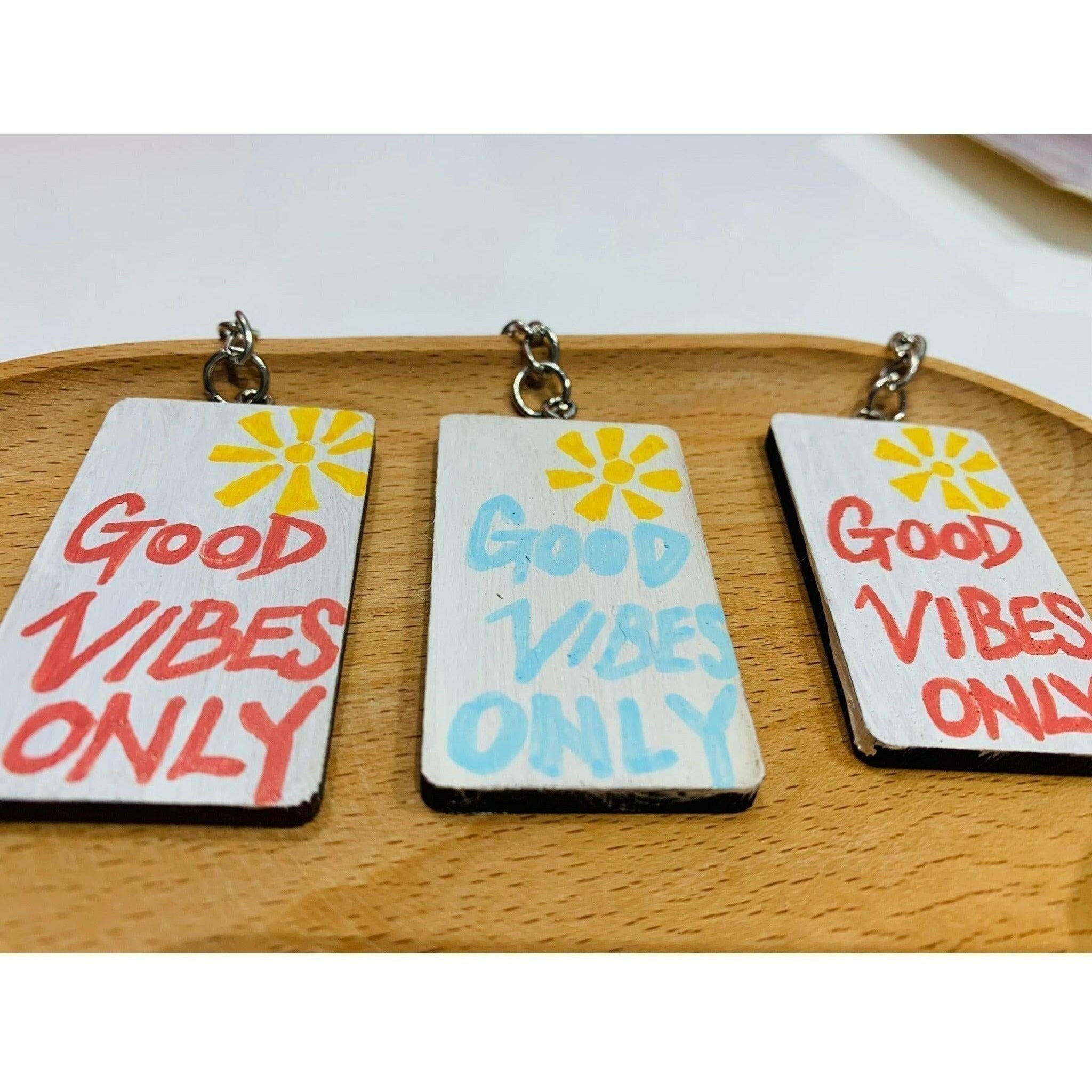 Handmade Solid Wood Keychain - Good Vibes Only.