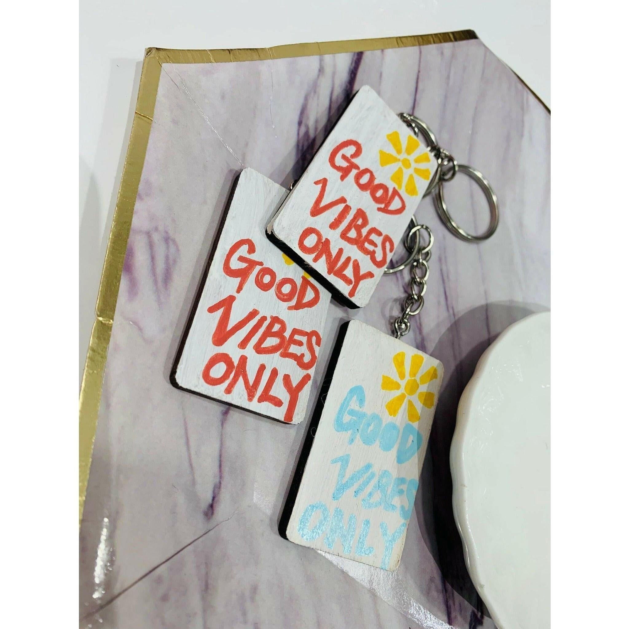 Handmade Solid Wood Keychain - Good Vibes Only.