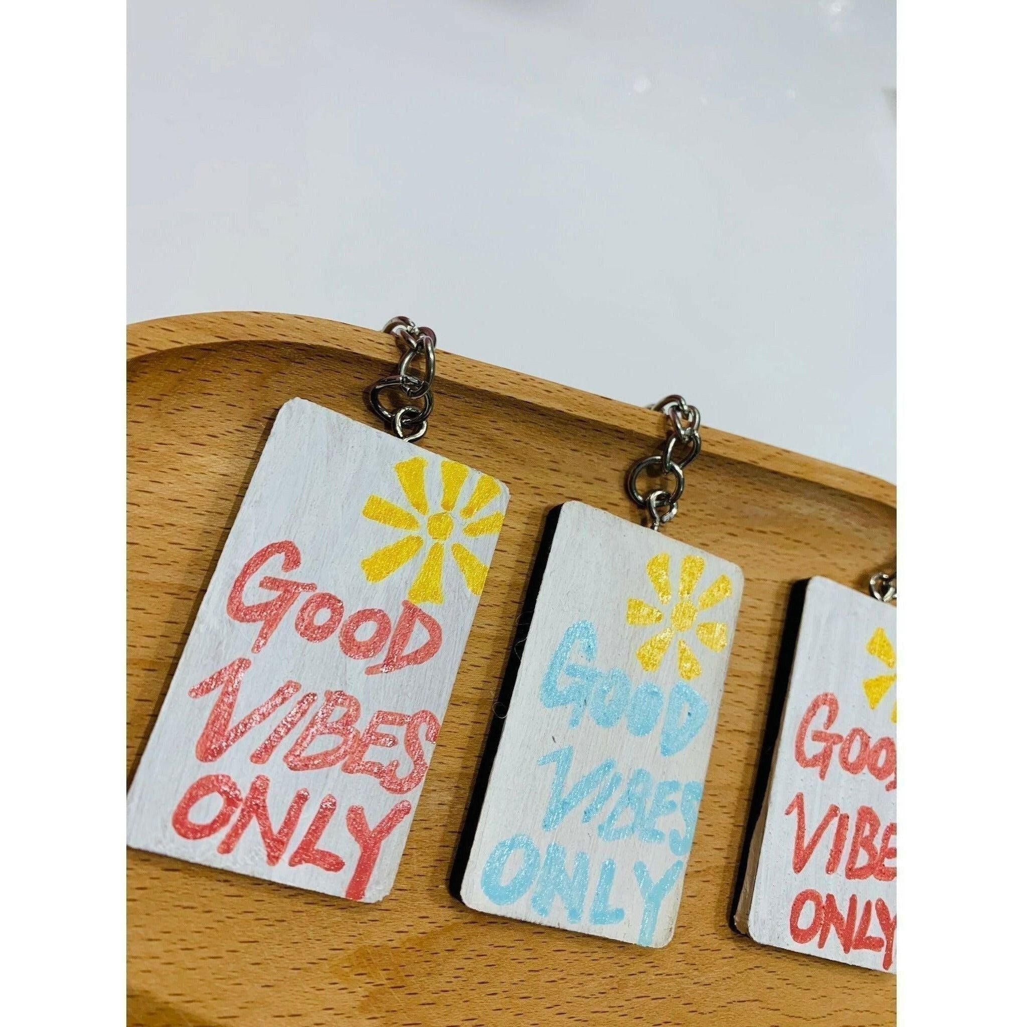 Handmade Solid Wood Keychain - Good Vibes Only.