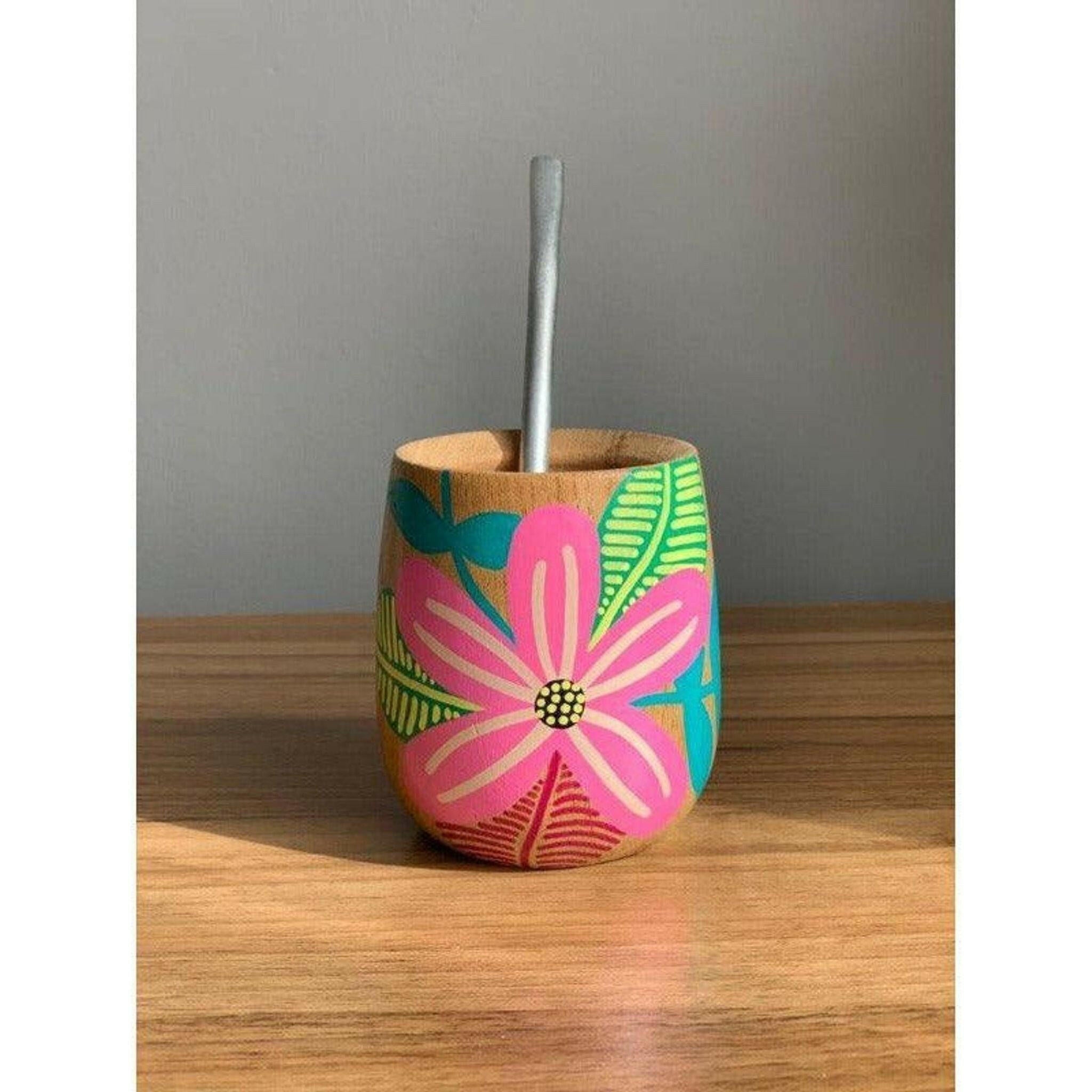 Handmade Solid Wooden Cup - Flor Rosa.