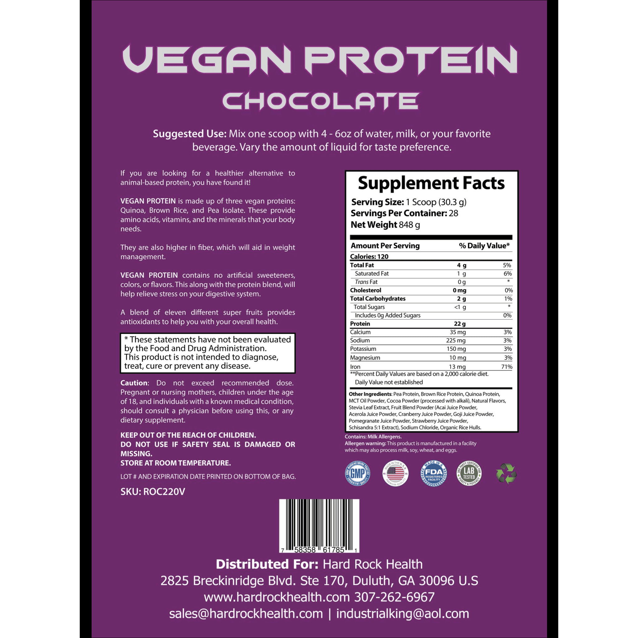 Hard Rock Health 2lb Vegan Protein Chocolate.